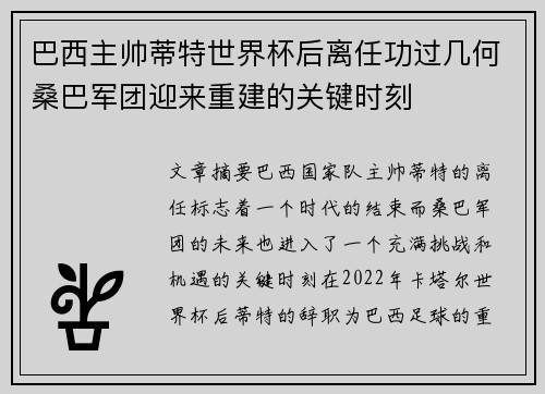 巴西主帅蒂特世界杯后离任功过几何桑巴军团迎来重建的关键时刻