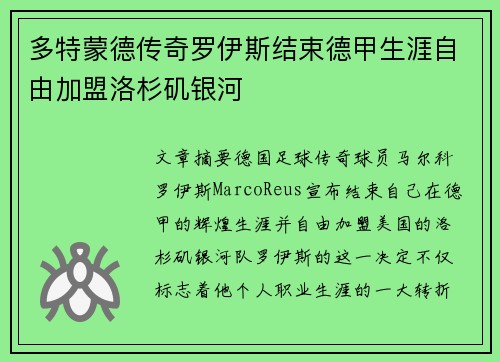 多特蒙德传奇罗伊斯结束德甲生涯自由加盟洛杉矶银河
